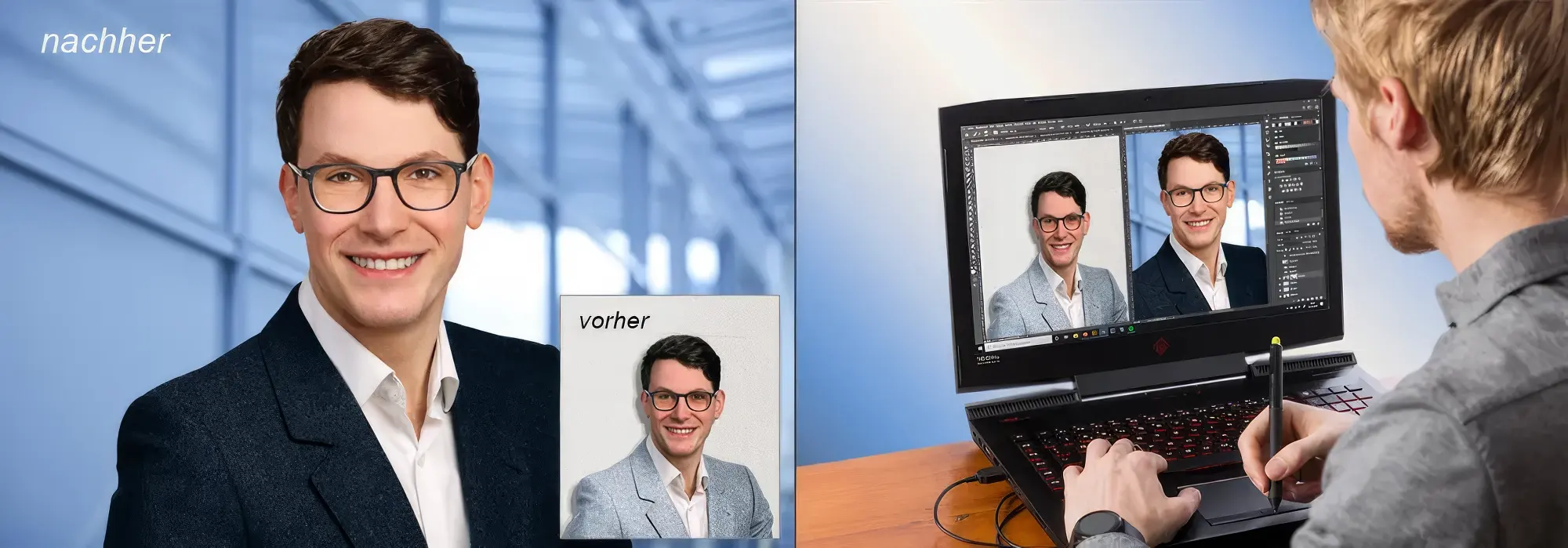 Bewerbungsbilder in Karlsruhe Tipps-und-Beispiele. Fotograf am Laptop