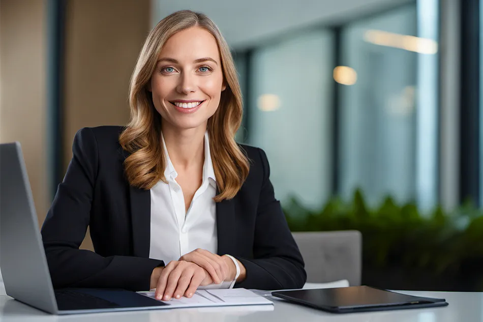 Bewerbungs- und Businessfoto, Frau am Schreibtisch im modernen Büro