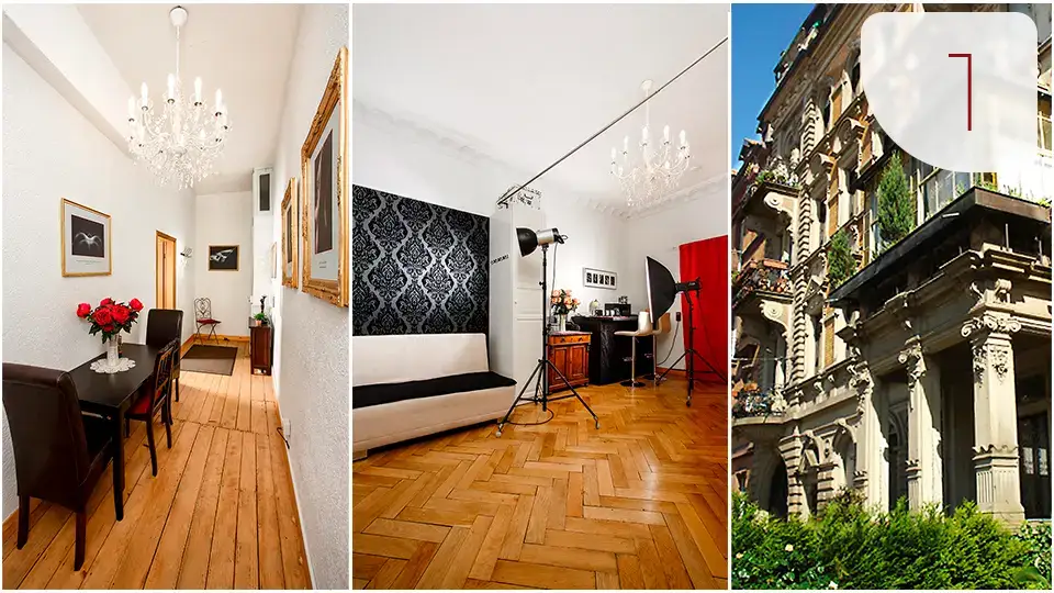Fotostudio Eidens-Holl in Karlsruhe. Collage zwei Innen- und eine Außenaufnahme des Fotostudios in der Oststadt, nahe KIT