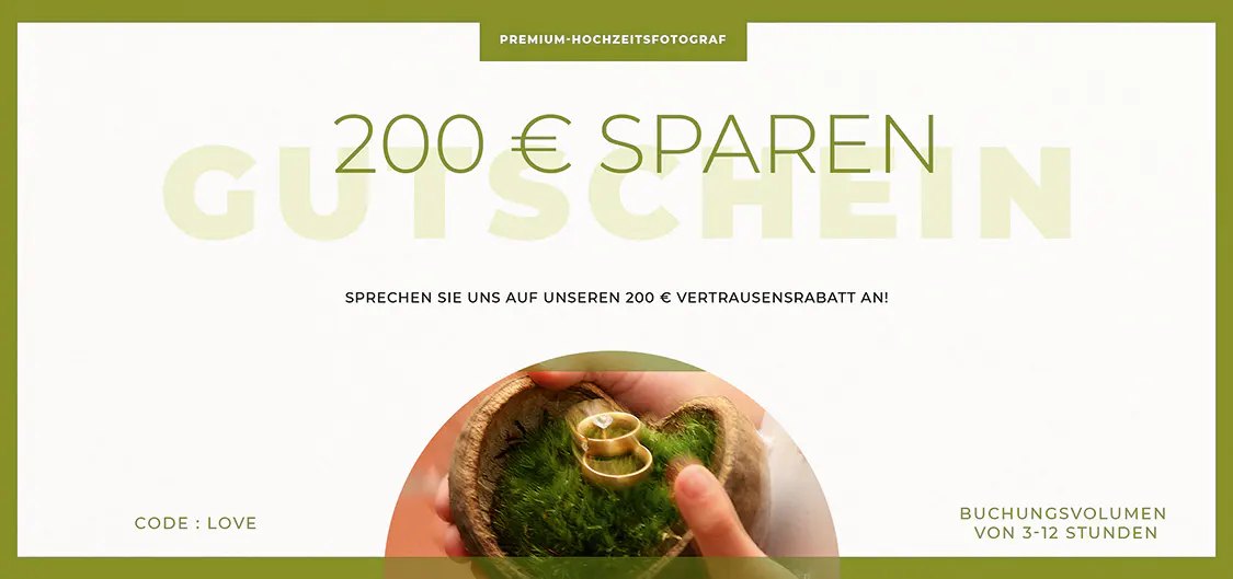 Gutschein für Brautpaar. Rabatt vom Hochzeitsfotografen. Gutschein mit Eheringen darauf.